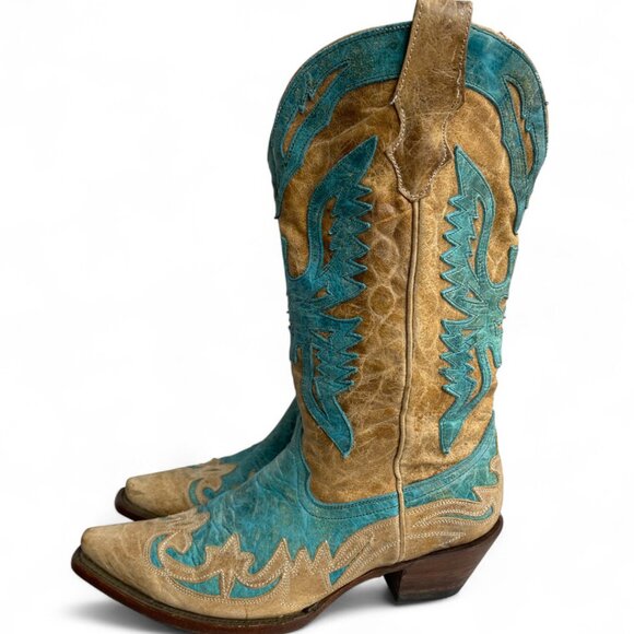 Corral Women's Leather Turquoise Tan Snip Toe Cowgirl Western Cowboy Boots 8 M - Picture 3 of 14